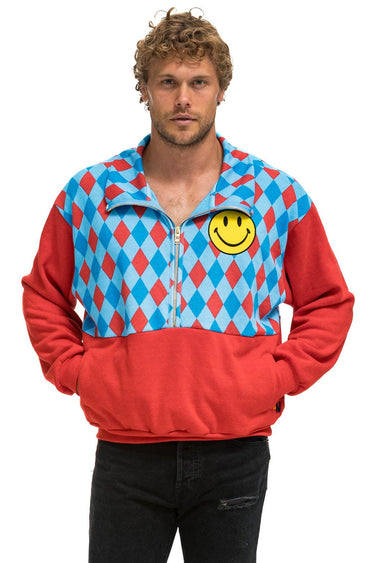 DIAMOND SMILEY 2 FLEECE UNISEX HALF ZIP COLOR BLOCK JACKET - RED // SKY Sweatshirt Aviator Nation 