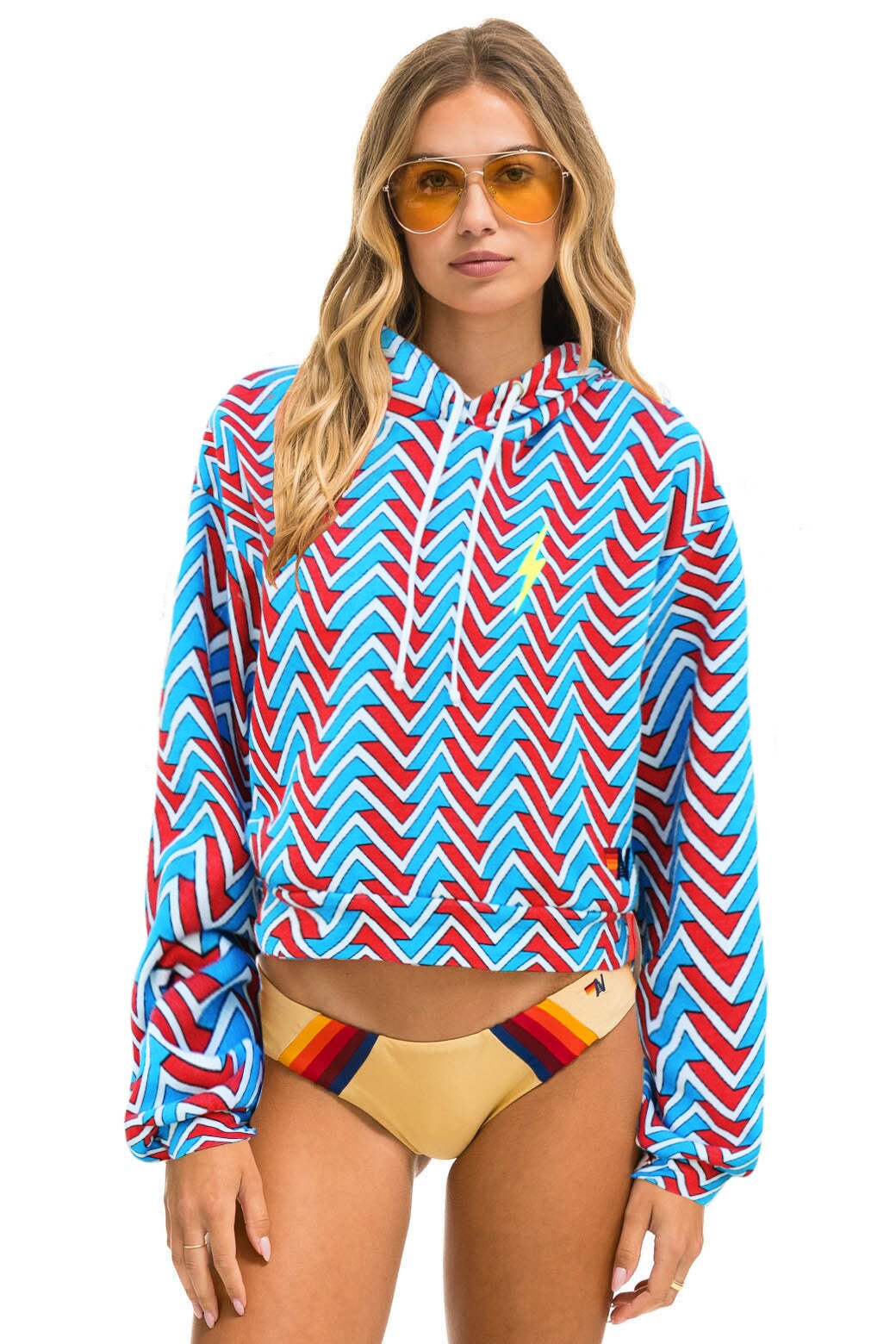 GEO ZIG BOLT EMBRIODERY RELAXED CROPPED PULLOVER HOODIE - RED // BLUE Hoodie Aviator Nation 