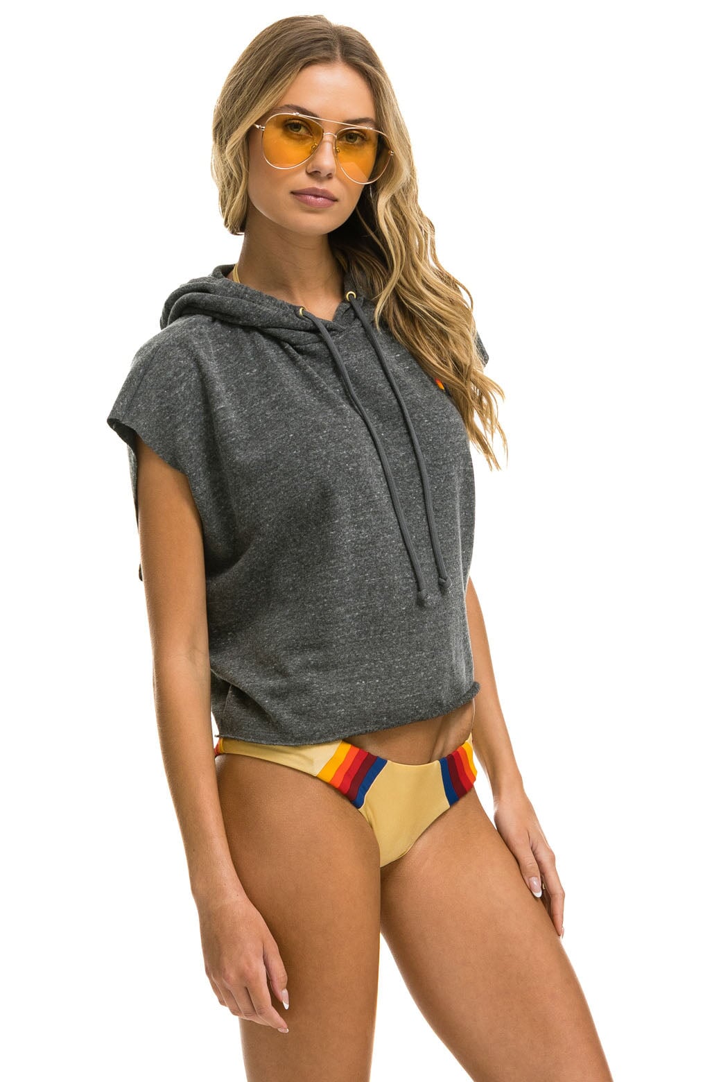 LOGO EMBROIDERY SLEEVELESS RELAXED CROPPED PULLOVER HOODIE - HEATHER GREY Aviator Nation 