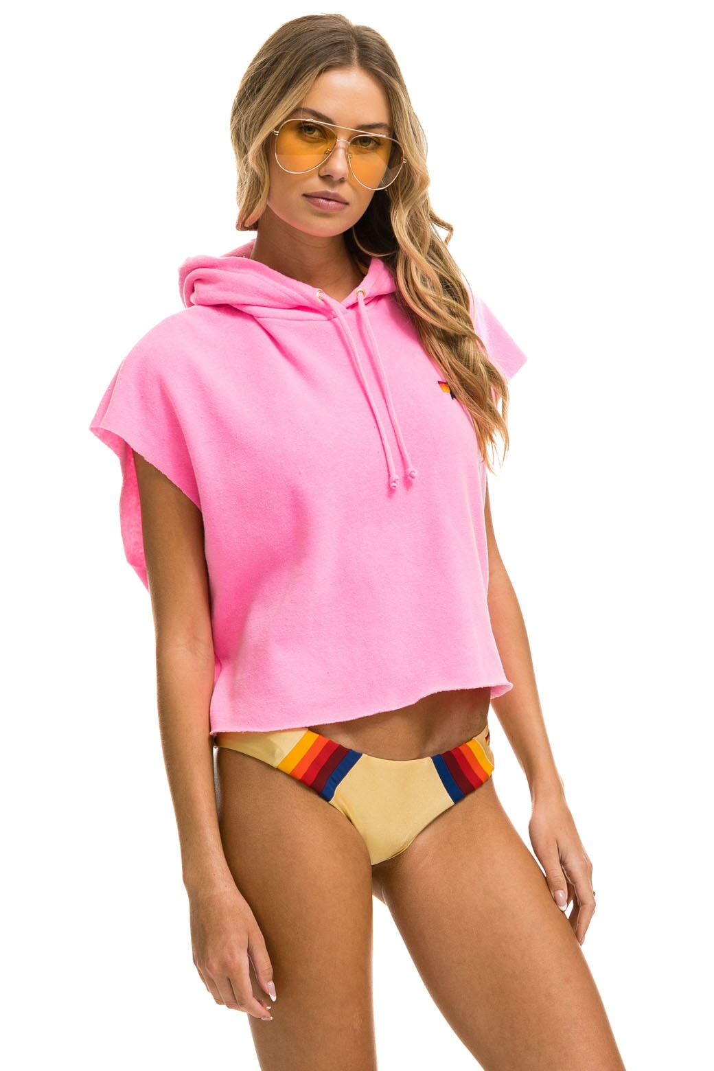 LOGO EMBROIDERY SLEEVELESS RELAXED CROPPED PULLOVER HOODIE - NEON PINK Aviator Nation 