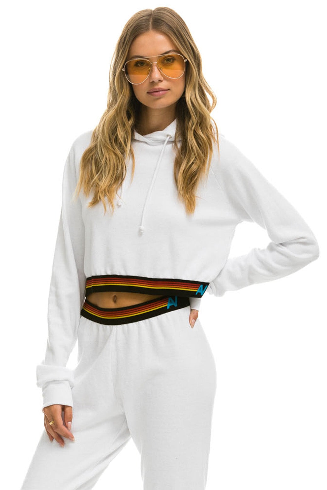 LOGO STRIPE RELAXED CROP PULLOVER HOODIE - WHITE Hoodie Aviator Nation 