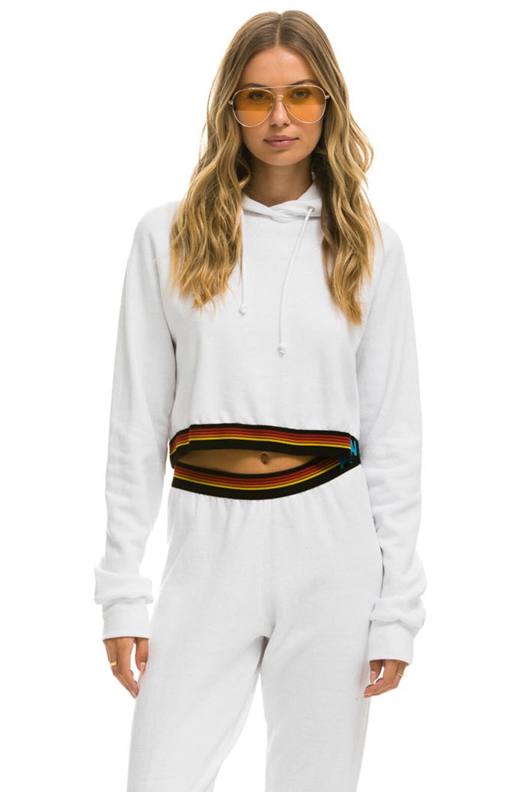LOGO STRIPE RELAXED CROP PULLOVER HOODIE - WHITE Hoodie Aviator Nation 