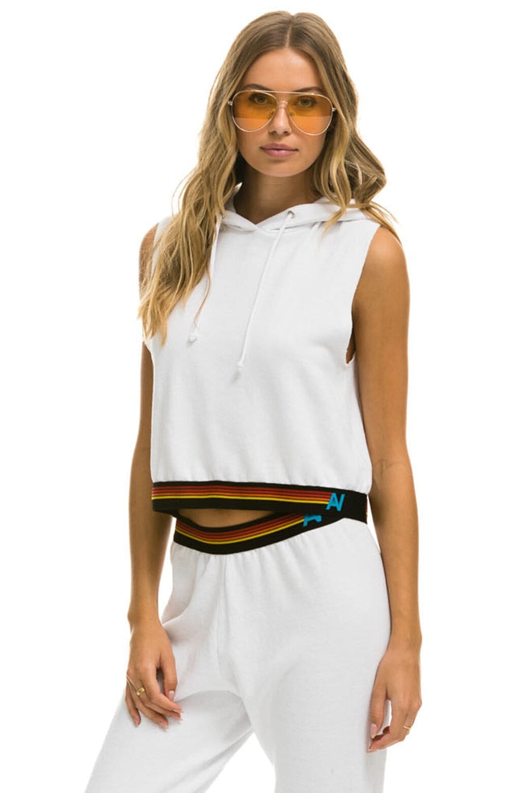 LOGO STRIPE SLEEVELESS CROP PULLOVER HOODIE - WHITE Hoodie Aviator Nation 