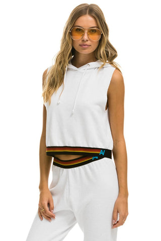 LOGO STRIPE SLEEVELESS CROP PULLOVER HOODIE - WHITE Hoodie Aviator Nation 
