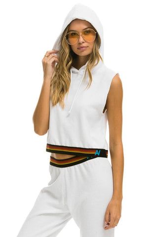 LOGO STRIPE SLEEVELESS CROP PULLOVER HOODIE - WHITE Hoodie Aviator Nation 