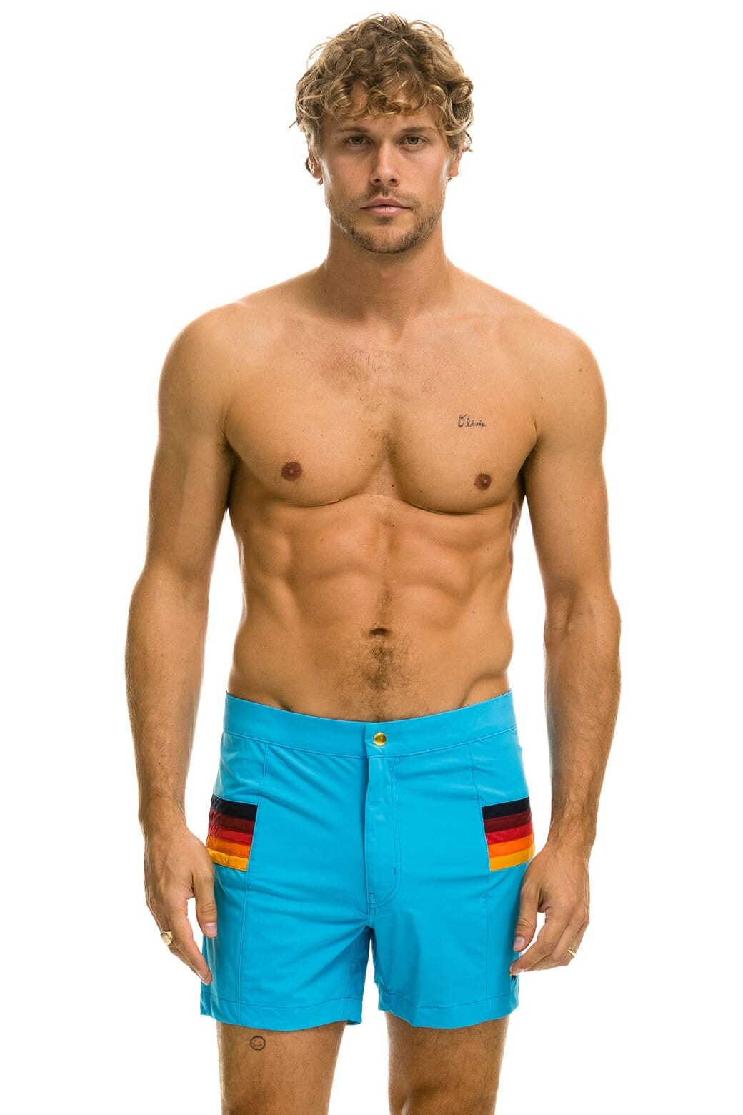 MEN'S HORIZONTAL 5 STRIPE FLEX SHORTS - NEON BLUE Men's Board Shorts Aviator Nation 