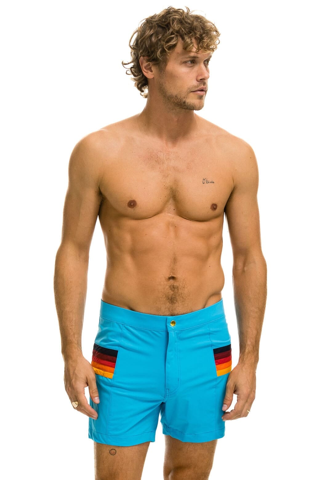 MEN'S HORIZONTAL 5 STRIPE FLEX SHORTS - NEON BLUE Men's Board Shorts Aviator Nation 
