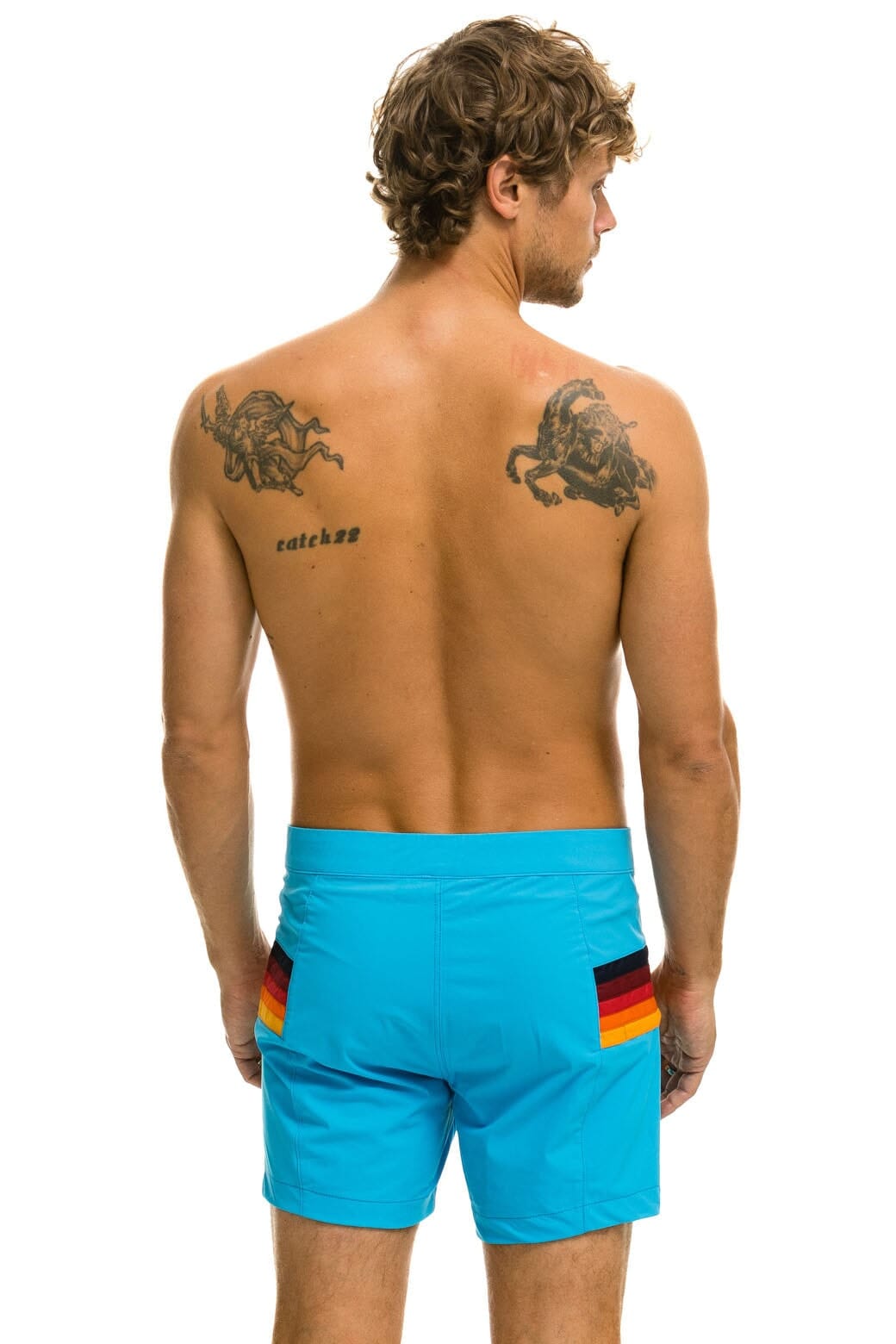 MEN'S HORIZONTAL 5 STRIPE FLEX SHORTS - NEON BLUE Men's Board Shorts Aviator Nation 