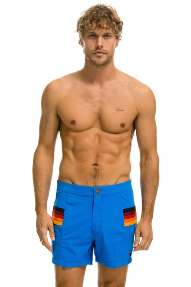 MEN'S HORIZONTAL 5 STRIPE FLEX SHORTS - PARROT BLUE Men's Board Shorts Aviator Nation 
