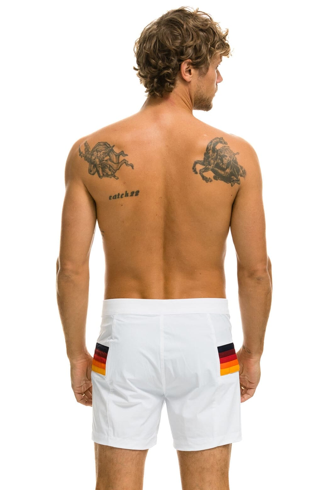 MEN'S HORIZONTAL 5 STRIPE FLEX SHORTS - WHITE Men's Board Shorts Aviator Nation 
