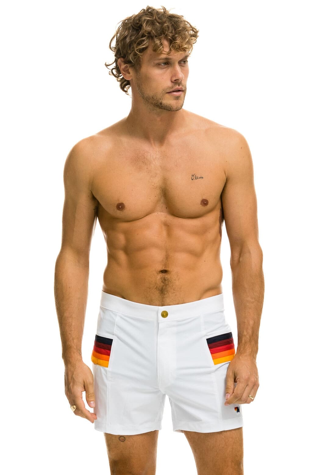 MEN'S HORIZONTAL 5 STRIPE FLEX SHORTS - WHITE Men's Board Shorts Aviator Nation 