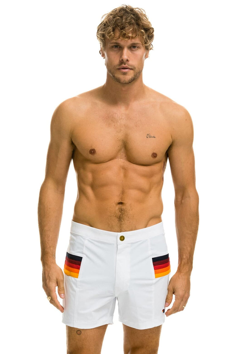MEN'S HORIZONTAL 5 STRIPE FLEX SHORTS - WHITE Men's Board Shorts Aviator Nation 
