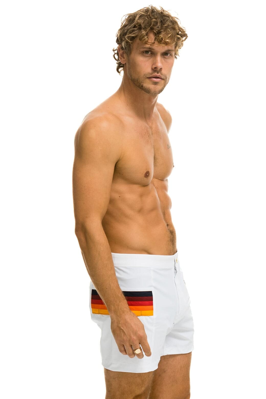 MEN'S HORIZONTAL 5 STRIPE FLEX SHORTS - WHITE Men's Board Shorts Aviator Nation 