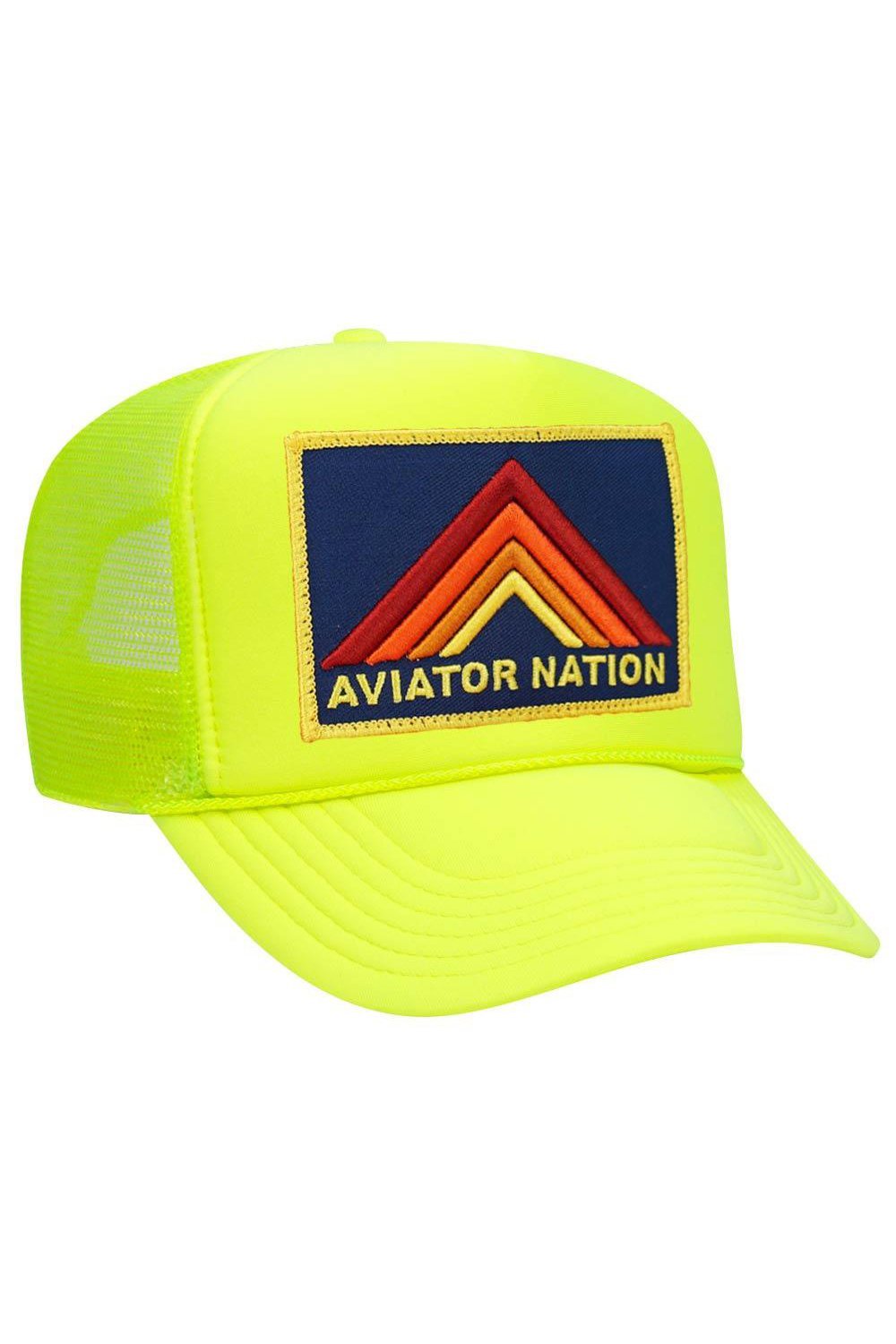 MOUNTAIN STRIPE VINTAGE TRUCKER HAT HATS Aviator Nation OS NEON YELLOW 