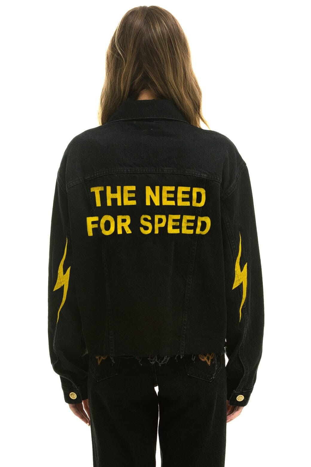 NEED FOR SPEED OVERSIZED CROP DENIM JACKET - VINTAGE BLACK Denim Jacket Aviator Nation 