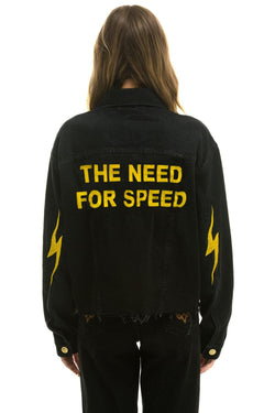 NEED FOR SPEED OVERSIZED CROP DENIM JACKET - VINTAGE BLACK Denim Jacket Aviator Nation 