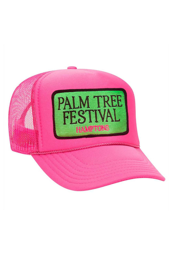 PALM TREE FESTIVAL HAMPTONS 2023 VINTAGE LOW RISE TRUCKER NEON PINK