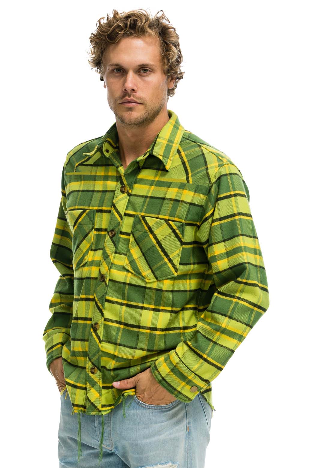 PLAID FLANNEL WESTERN SHIRT - AVOCADO PLAID Tees Aviator Nation 