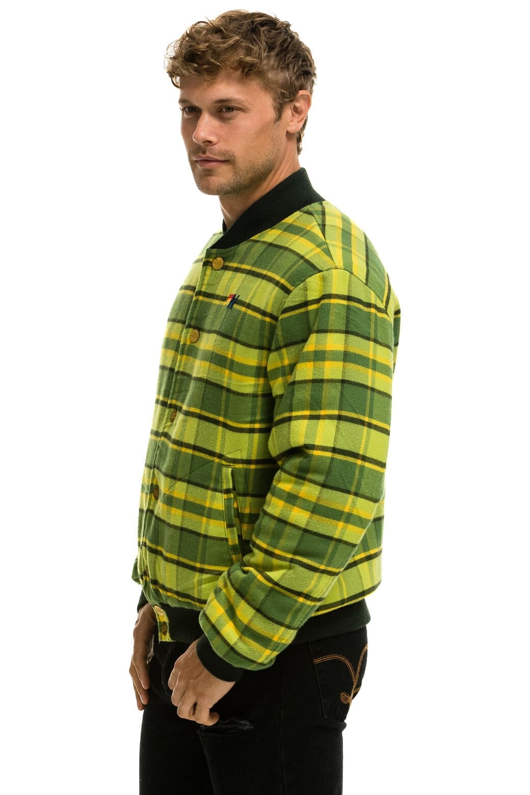 PLAID UNISEX VARSITY JACKET - AVOCADO PLAID Unisex Outerwear Aviator Nation 