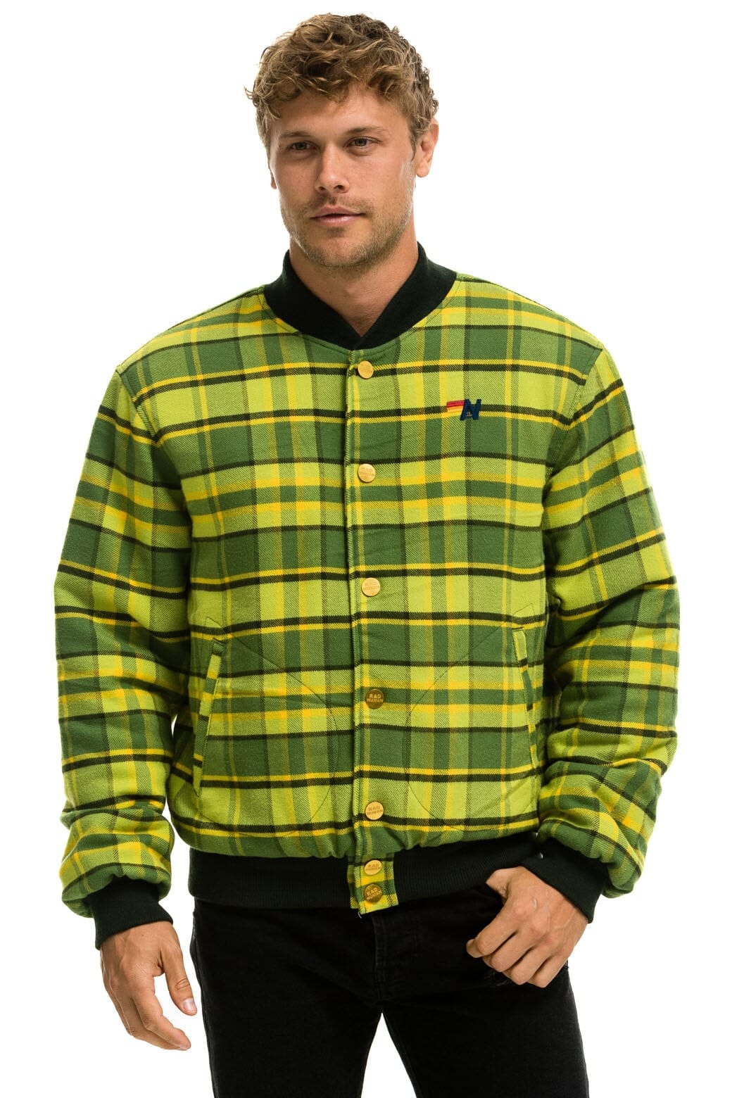 PLAID UNISEX VARSITY JACKET - AVOCADO PLAID Unisex Outerwear Aviator Nation 