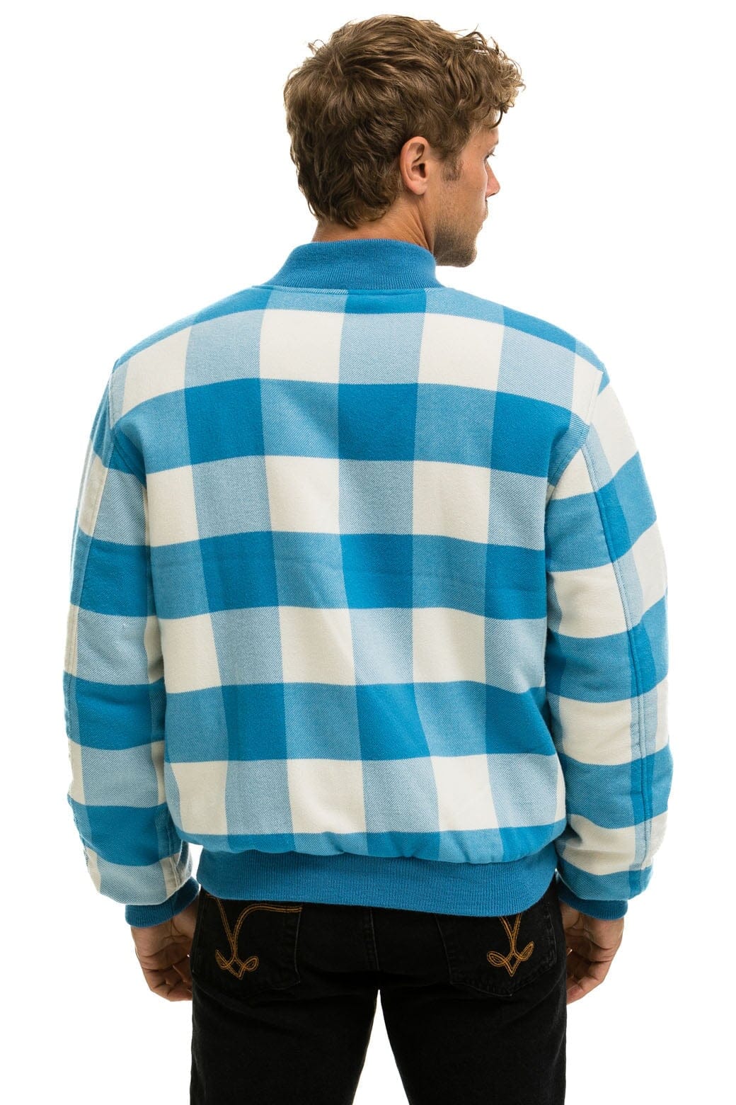 PLAID UNISEX VARSITY JACKET - SKY PLAID Unisex Outerwear Aviator Nation 