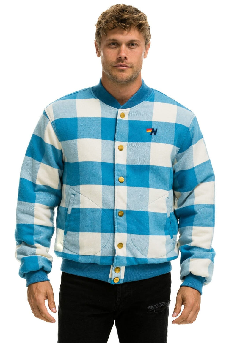PLAID UNISEX VARSITY JACKET - SKY PLAID Unisex Outerwear Aviator Nation