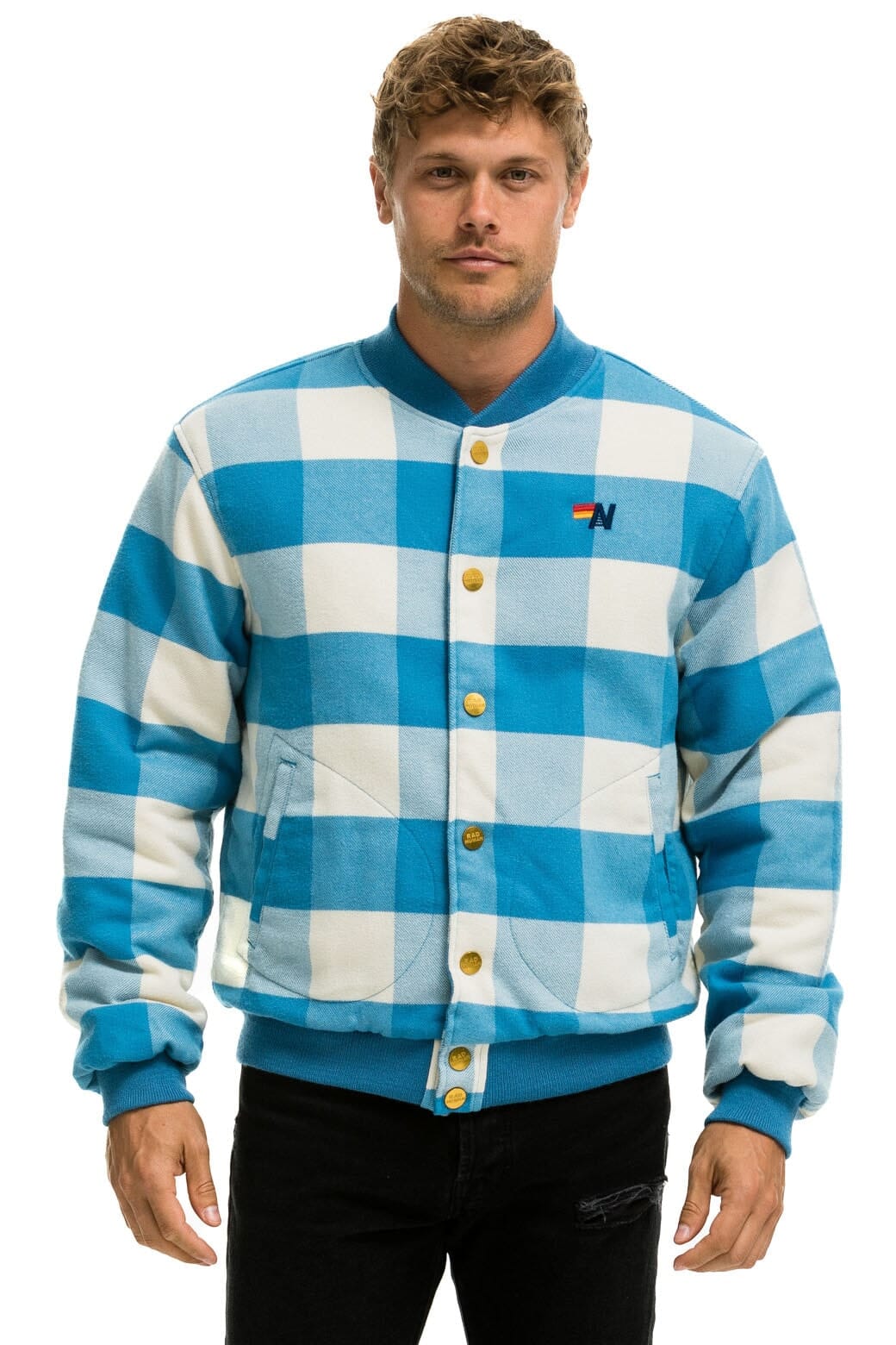PLAID UNISEX VARSITY JACKET - SKY PLAID Unisex Outerwear Aviator Nation 