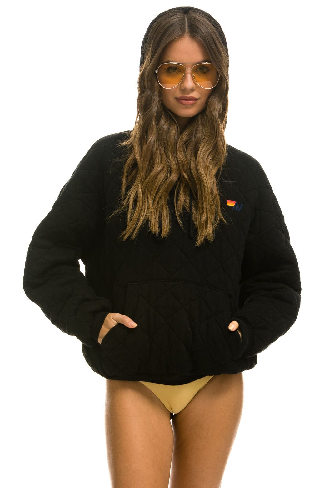 QUILTED RELAXED PULLOVER HOODIE - BLACK Hoodie Aviator Nation 