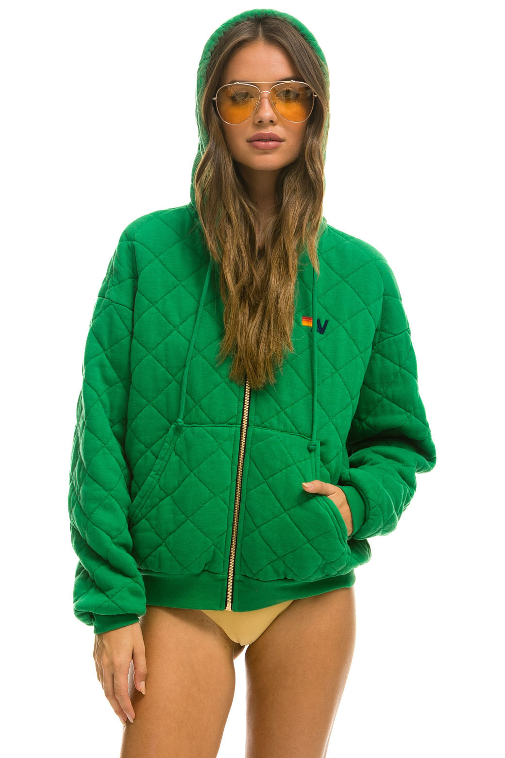 QUILTED ZIP HOODIE RELAXED - KELLY GREEN
