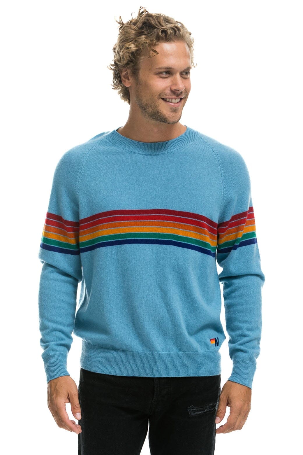 RAINBOW STRIPE 6 UNISEX LIGHT CASHMERE SWEATER - OCEAN Sweatshirt Aviator Nation 