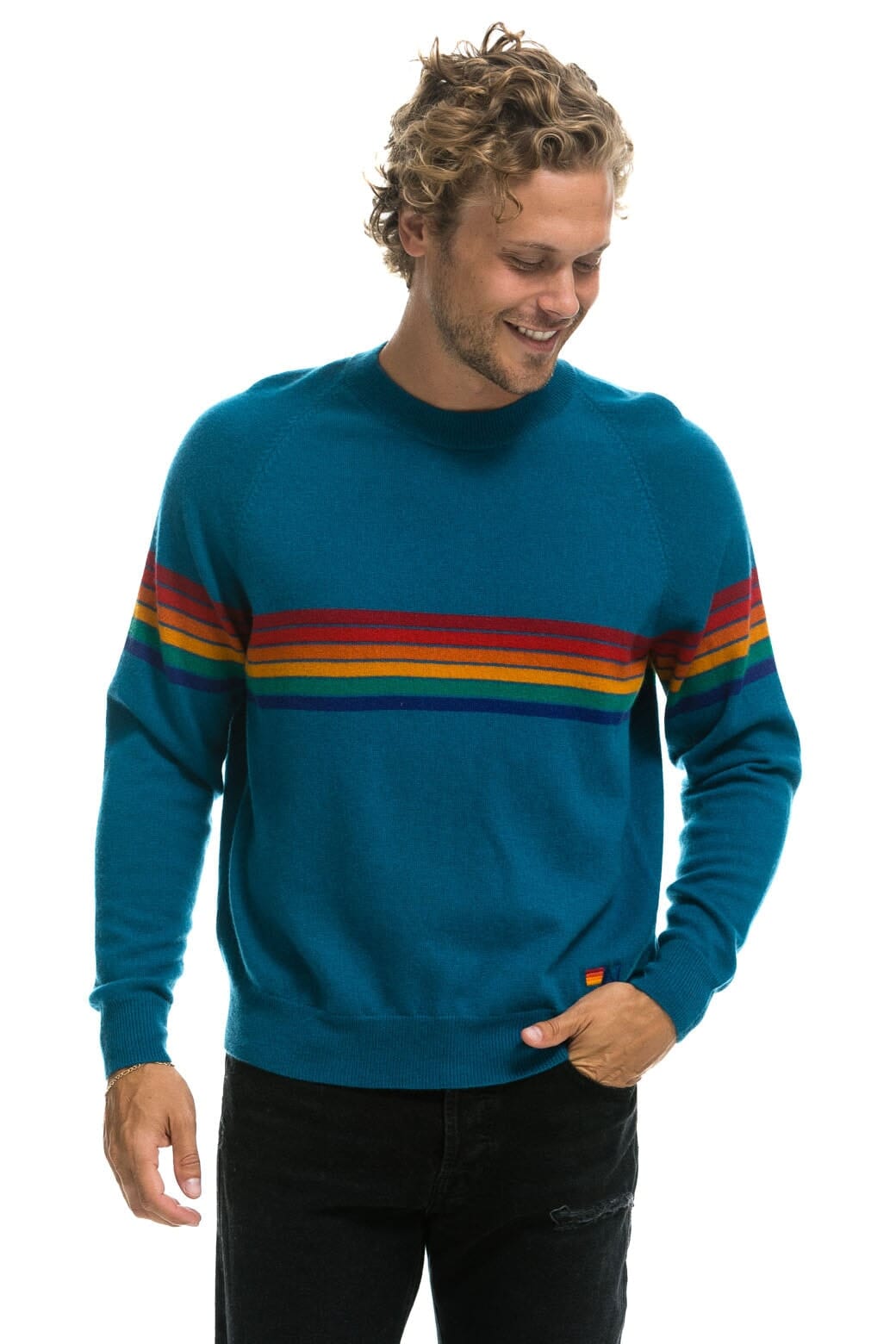 RAINBOW STRIPE 6 UNISEX LIGHT CASHMERE SWEATER - PEACOCK Sweatshirt Aviator Nation 