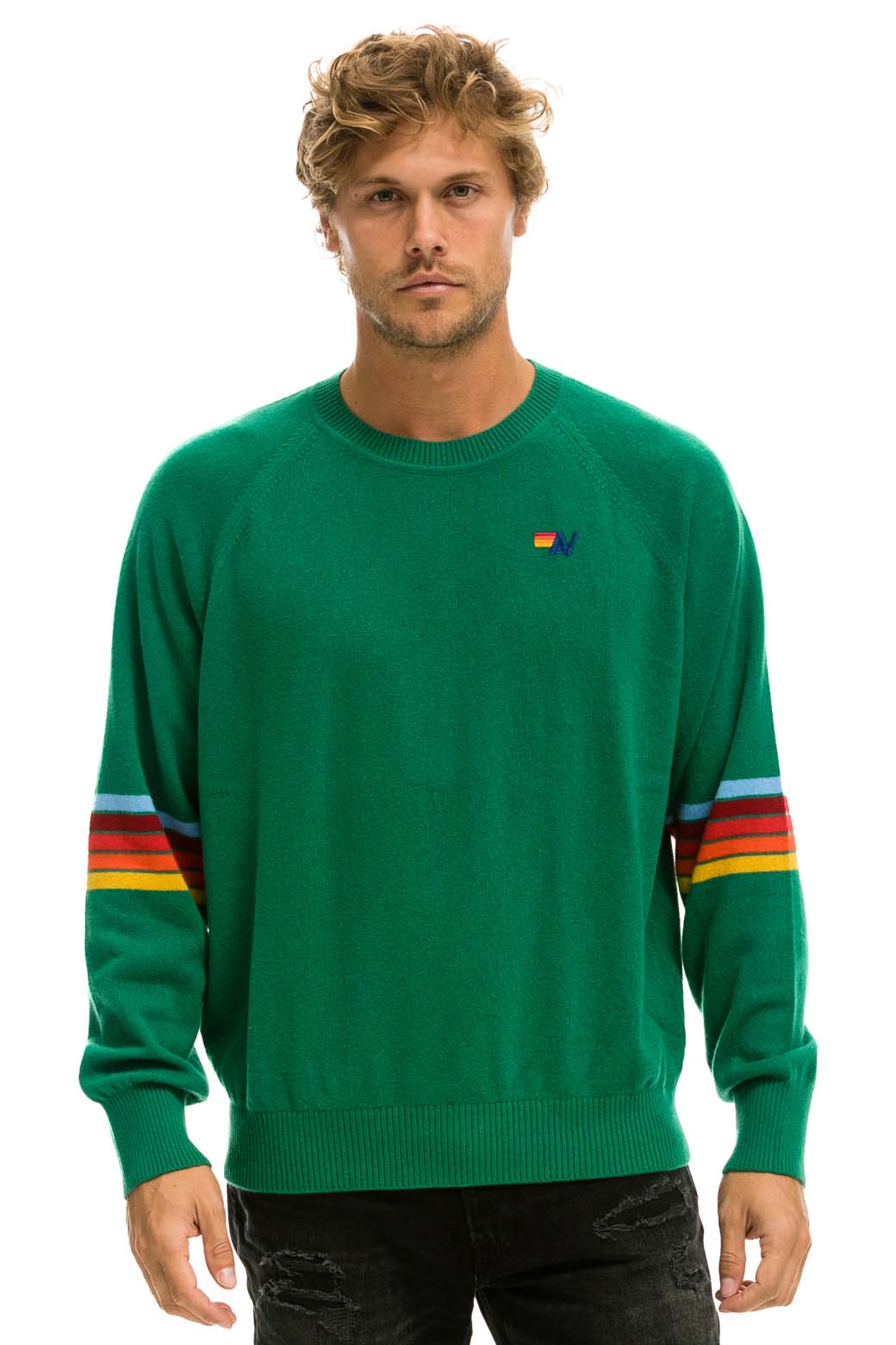 RAINBOW STRIPE SLEEVE UNISEX CASHMERE LIGHT SWEATER - AMAZON Sweatshirt Aviator Nation 