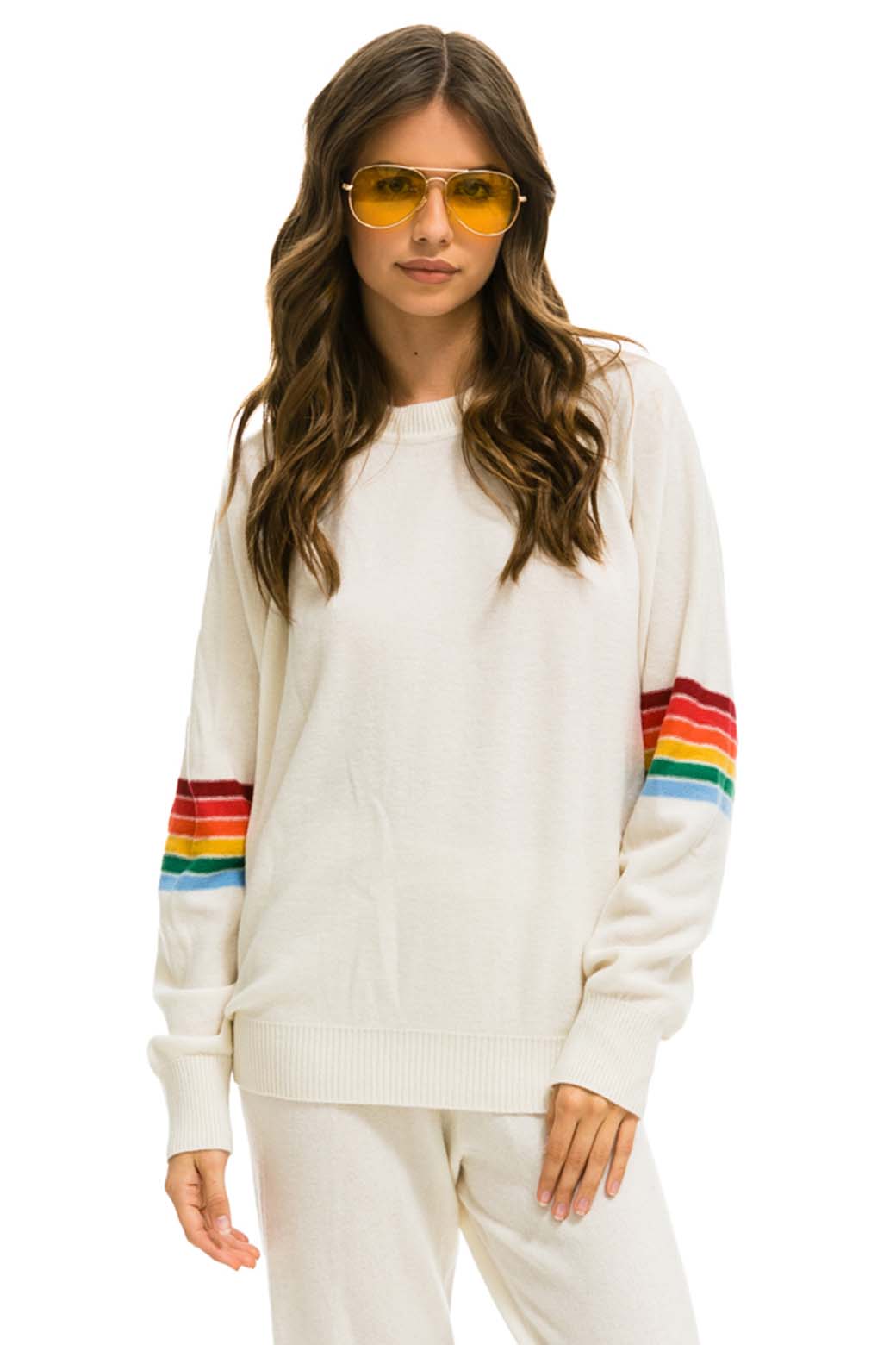 RAINBOW STRIPE SLEEVE UNISEX CASHMERE LIGHT SWEATER - VINTAGE WHITE Sweatshirt Aviator Nation 