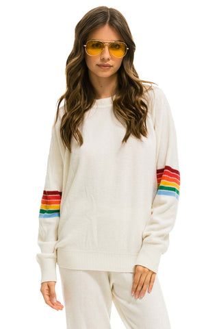 RAINBOW STRIPE SLEEVE UNISEX CASHMERE LIGHT SWEATER - VINTAGE WHITE Sweatshirt Aviator Nation 