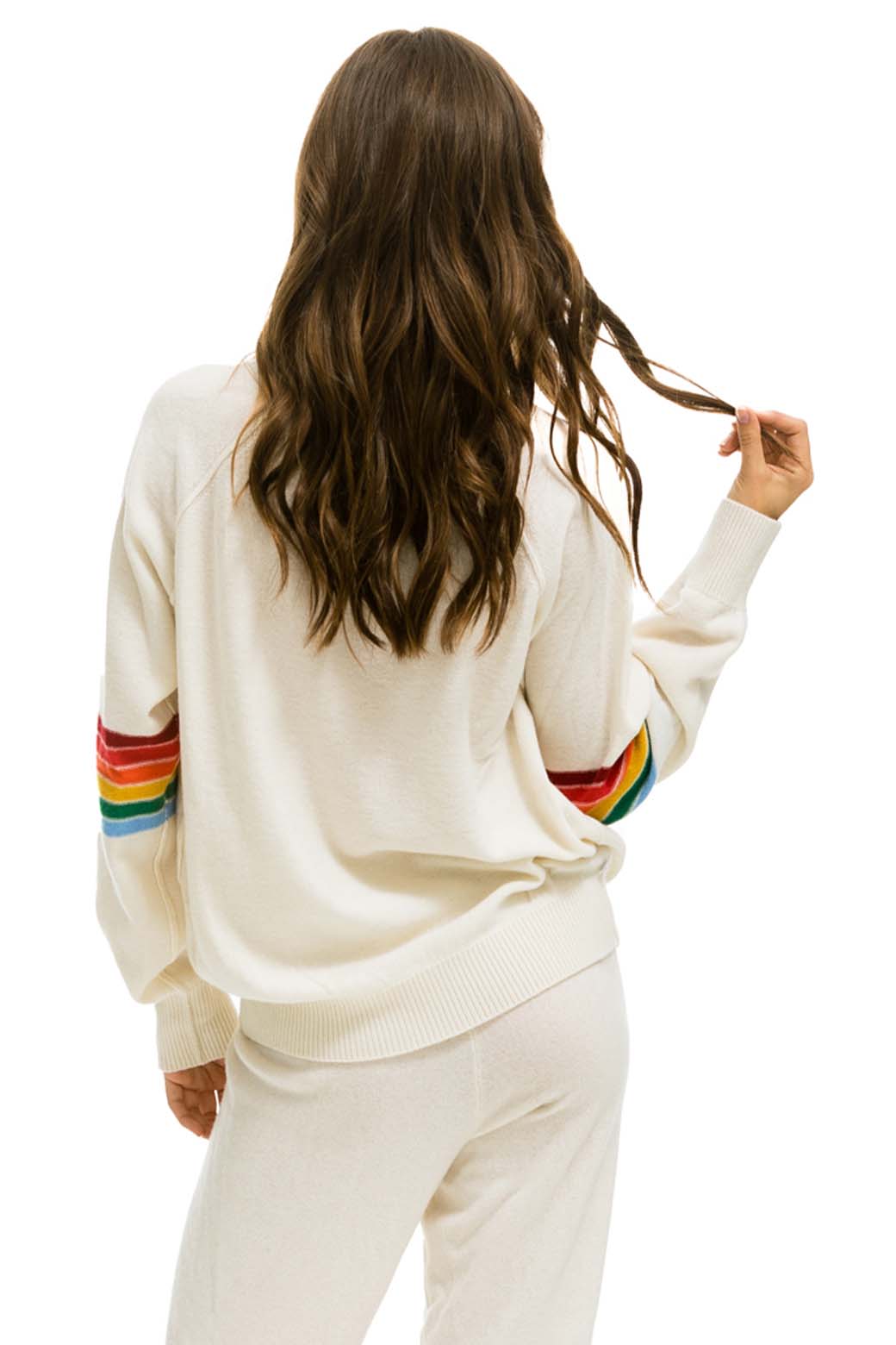 RAINBOW STRIPE SLEEVE UNISEX CASHMERE LIGHT SWEATER - VINTAGE WHITE Sweatshirt Aviator Nation 