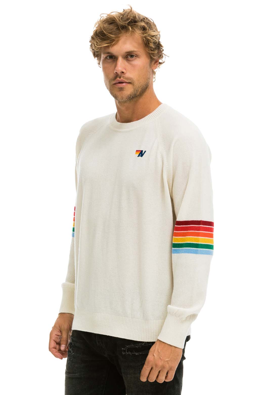 RAINBOW STRIPE SLEEVE UNISEX CASHMERE LIGHT SWEATER - VINTAGE WHITE Sweatshirt Aviator Nation 