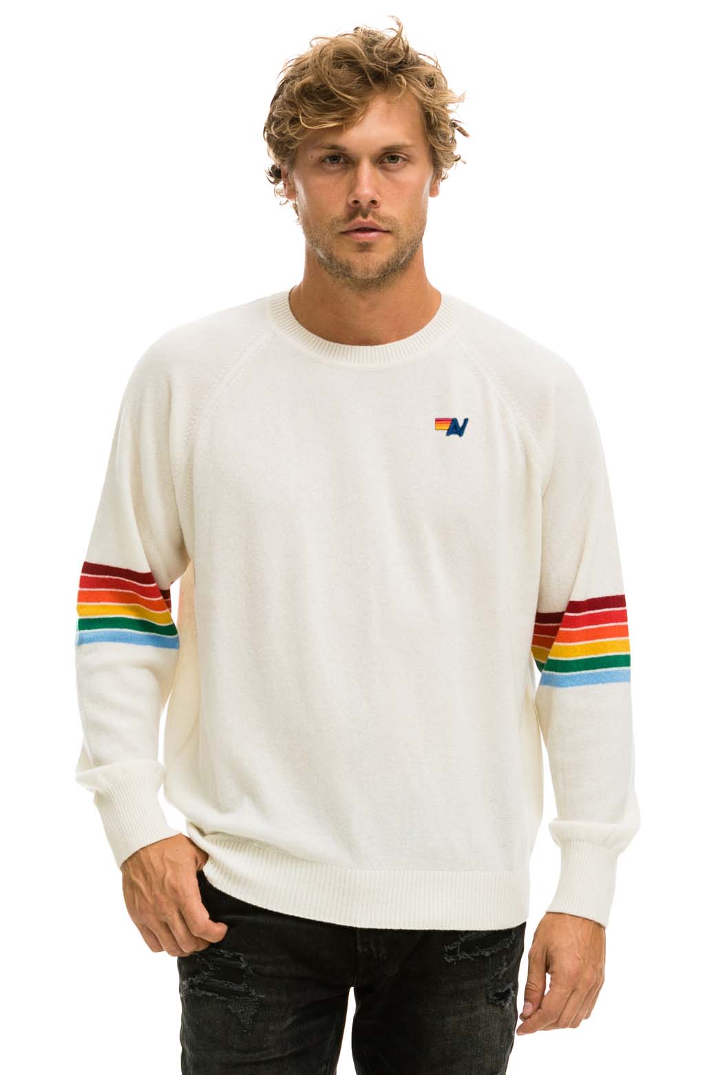 RAINBOW STRIPE SLEEVE UNISEX CASHMERE LIGHT SWEATER - VINTAGE WHITE Sweatshirt Aviator Nation 
