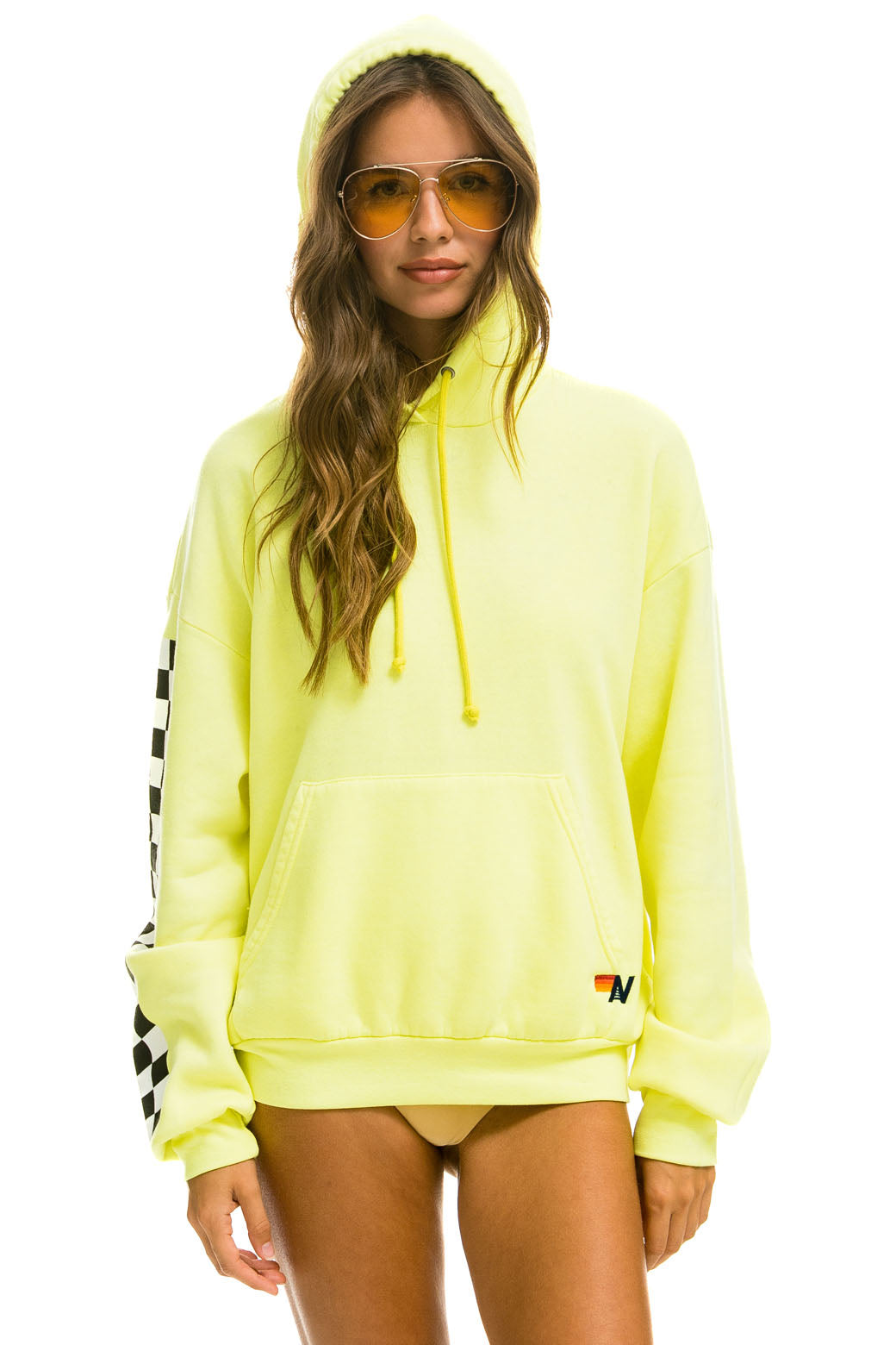 RELAXED CHECK SLEEVE PULLOVER HOODIE - NEON YELLOW Hoodie Aviator Nation 