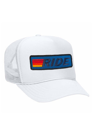 RIDE LOGO - VINTAGE LOW RISE TRUCKER HATS Aviator Nation WHTBLU 