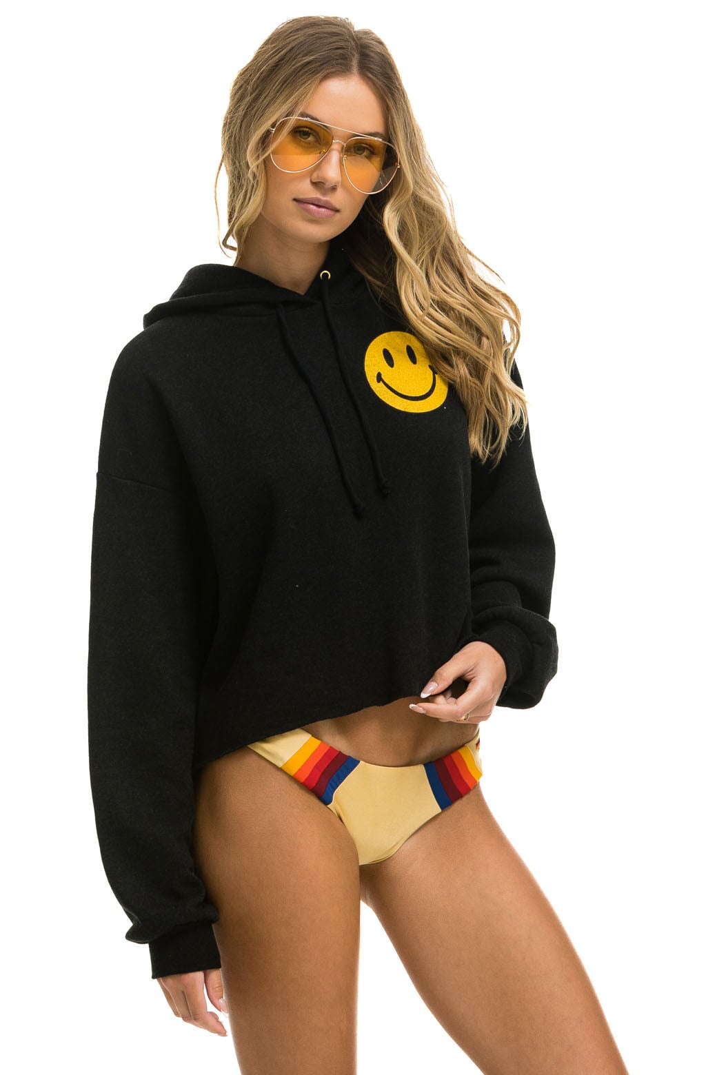 SMILEY 2 RELAXED CROPPED PULLOVER HOODIE - BLACK Aviator Nation 
