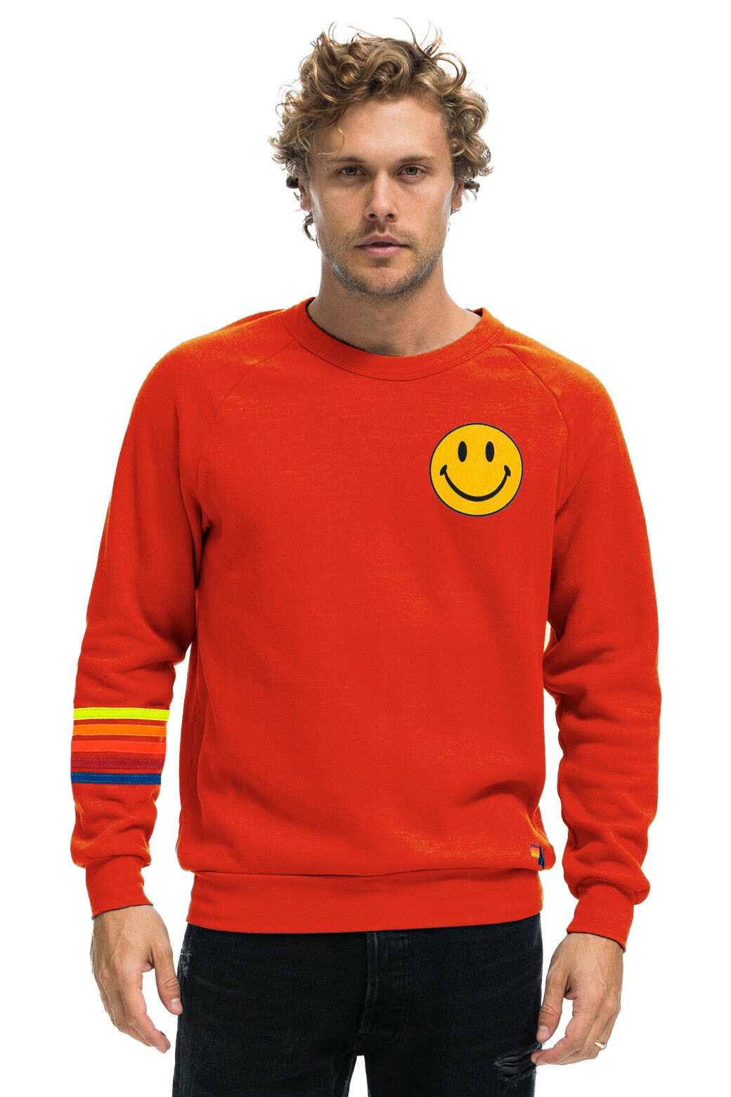 SMILEY 2 RUGBY STITCH CREW SWEATSHIRT RED // NEON RAINBOW Aviator Nation