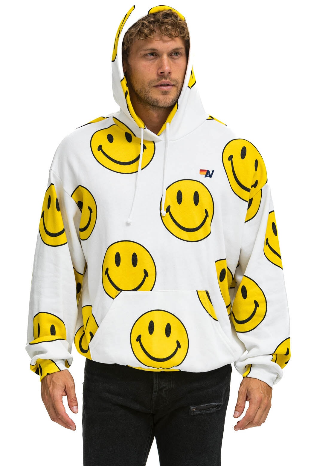 SMILEY REPEAT RELAXED PULLOVER HOODIE - WHITE Hoodie Aviator Nation 