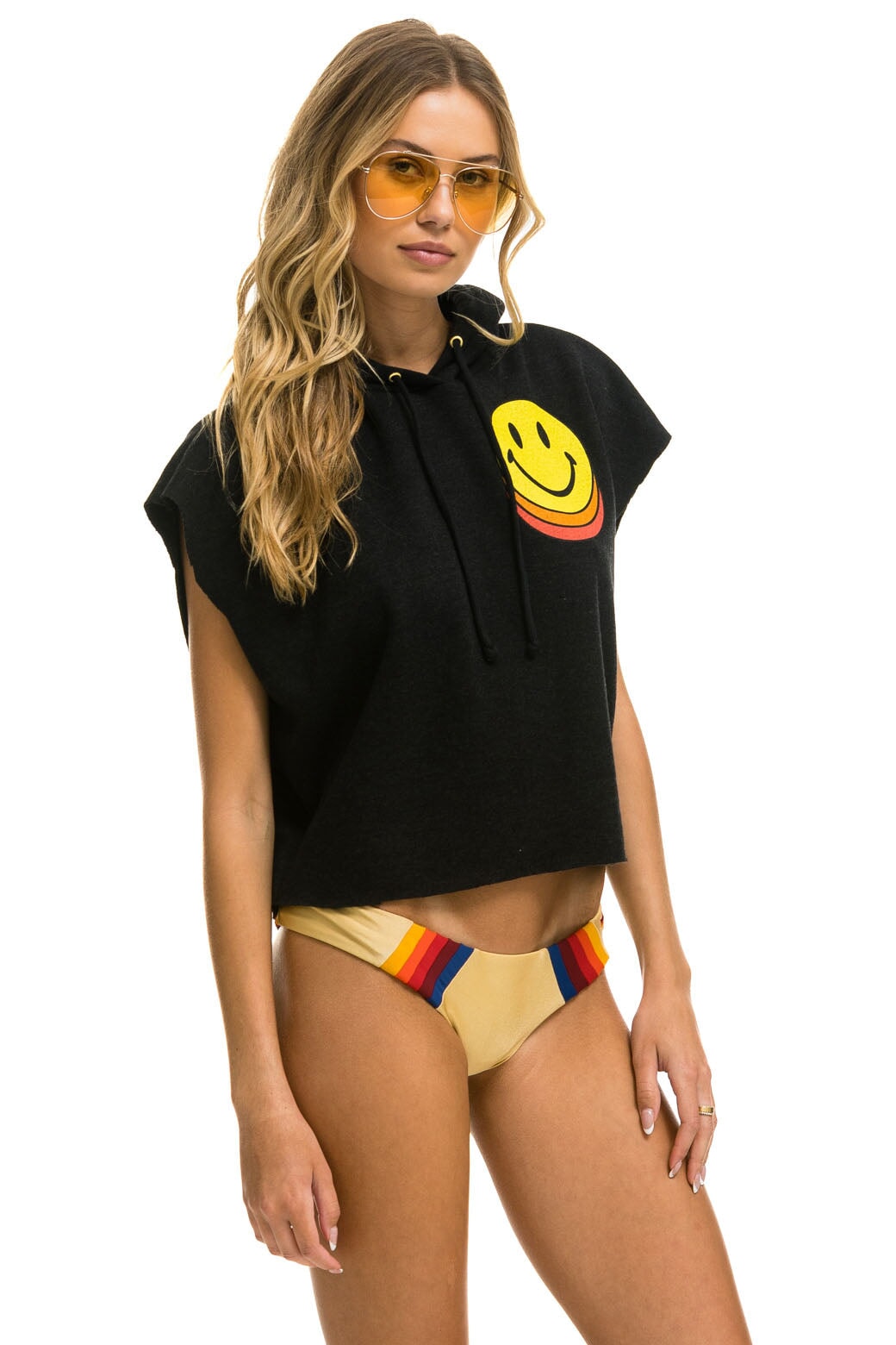 SMILEY SUNSET SLEEVELESS RELAXED CROPPED PULLOVER HOODIE - BLACK Aviator Nation 