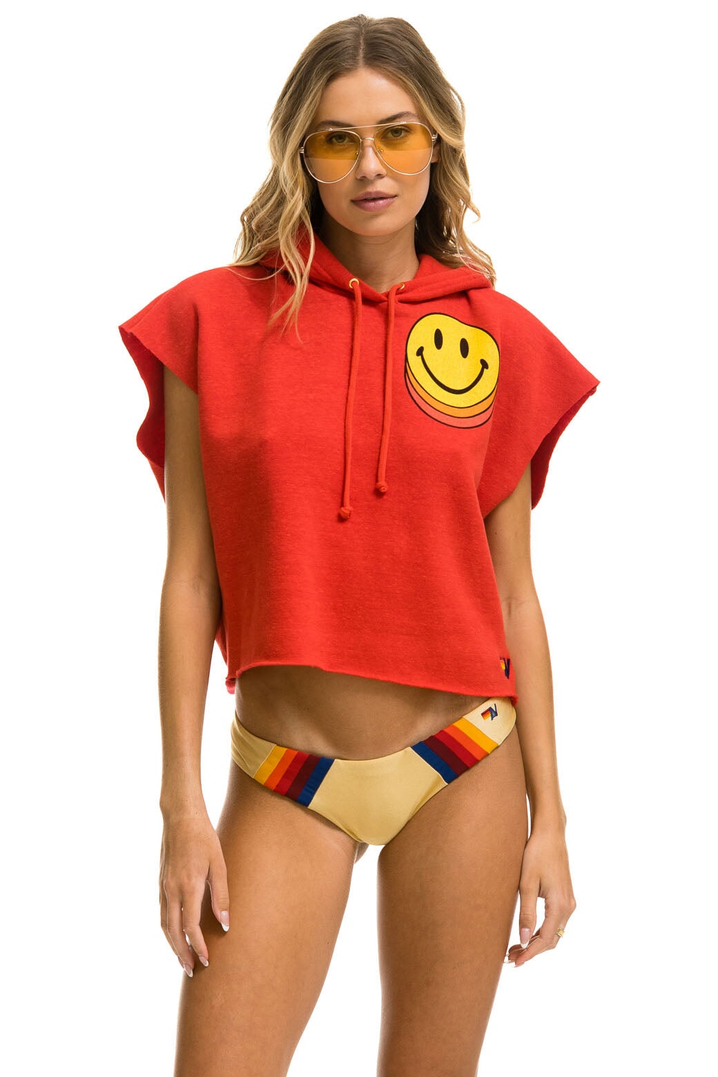 SMILEY SUNSET SLEEVELESS RELAXED CROPPED PULLOVER HOODIE - RED Aviator Nation 