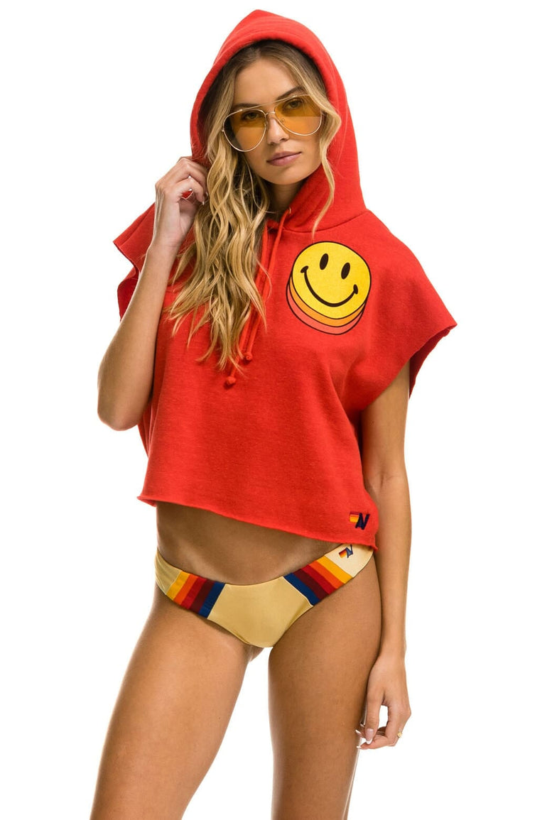 SMILEY SUNSET SLEEVELESS RELAXED CROPPED PULLOVER HOODIE - RED Aviator Nation 