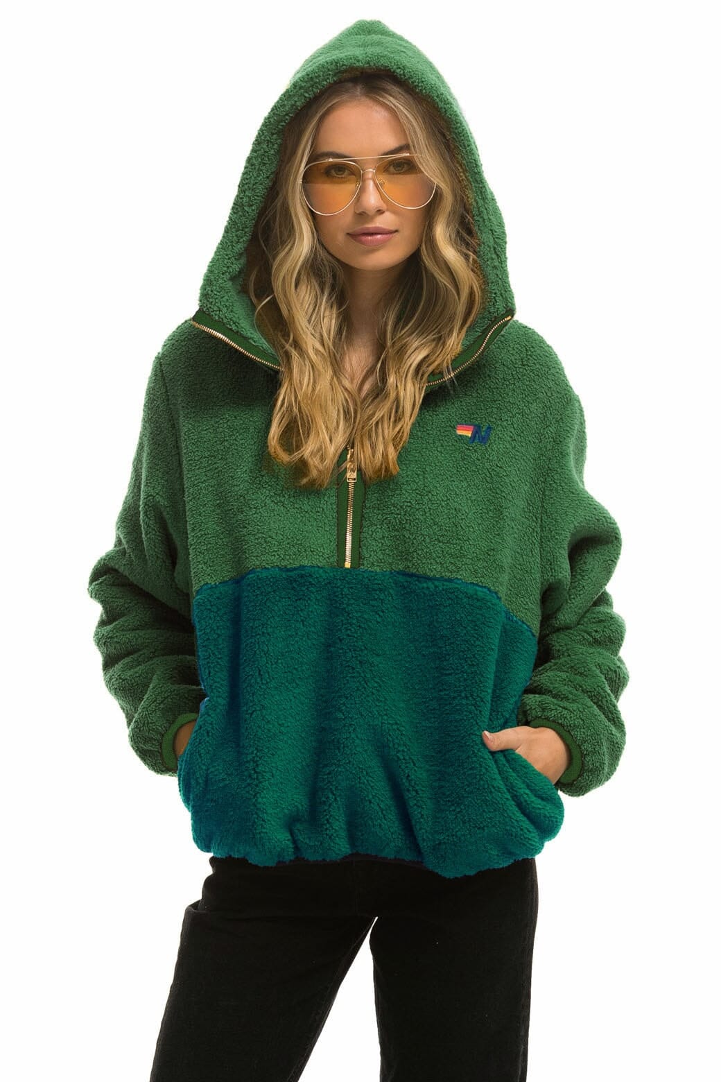 TEDDY UNISEX HOODED HALF ZIP COLOR BLOCK JACKET - GARDEN GREEN Unisex Outerwear Aviator Nation 