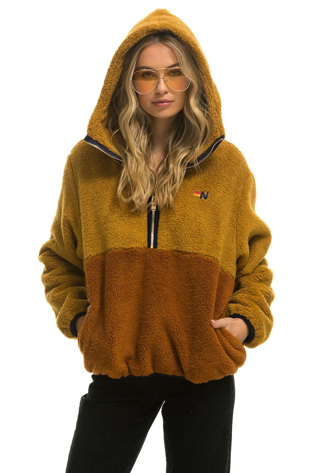 TEDDY UNISEX HOODED HALF ZIP COLOR BLOCK JACKET - HONEY Unisex Outerwear Aviator Nation 