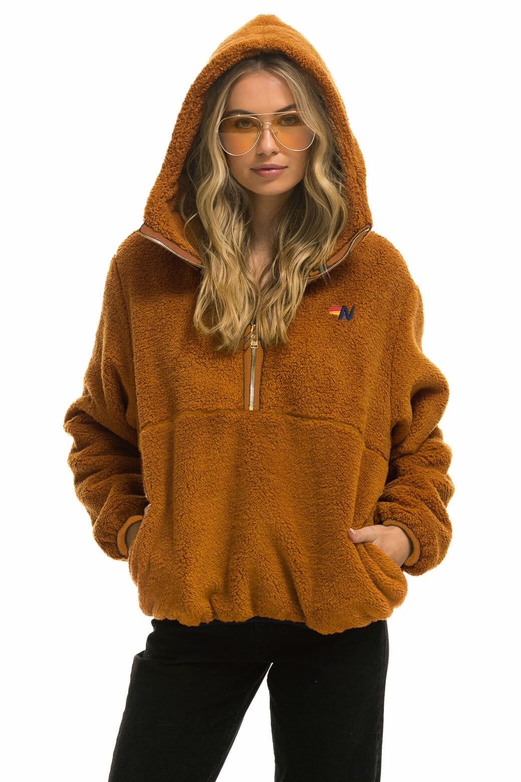 TEDDY UNISEX HOODED HALF ZIP JACKET - WHISKEY Women's Outerwear Aviator Nation 