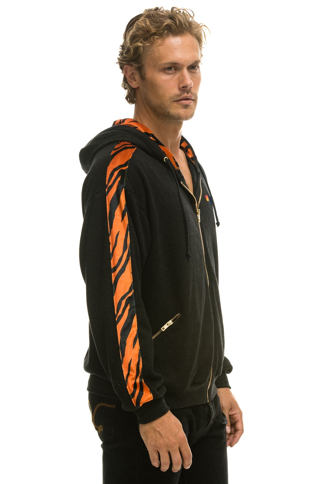 TIGER STRIPE RELAXED ZIP HOODIE WITH POCKETS - BLACK // TIGER Hoodie Aviator Nation 