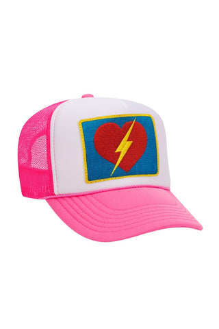 VINTAGE BOLT HEART TRUCKER HAT HATS Aviator Nation NEON PINK // WHITE // NEON PINK 
